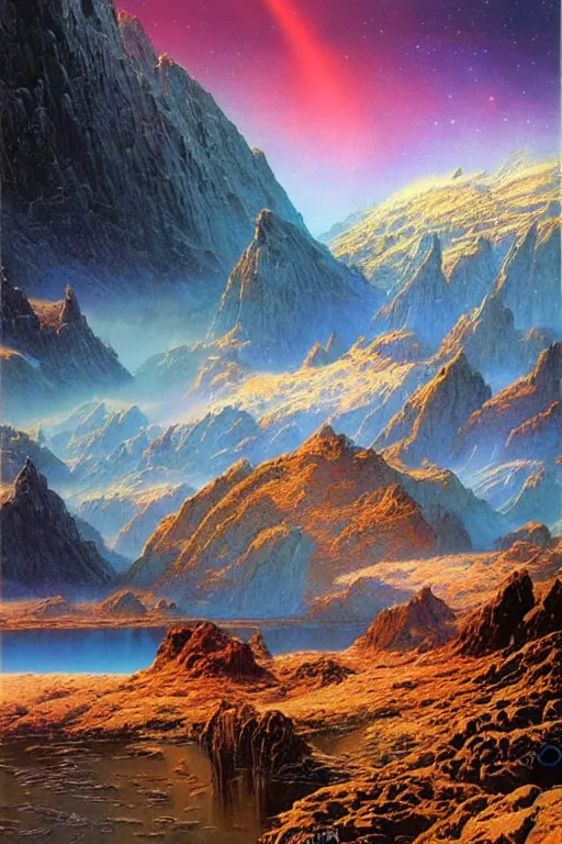 Image similar to a sci - fi landscape, cosmic sky icy lake and rocky moutains vivid by bruce pennington