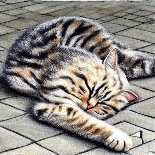 Image similar to realistic painting of a cat sleeping on a sidewalk at midnight highly detailed trending on art station