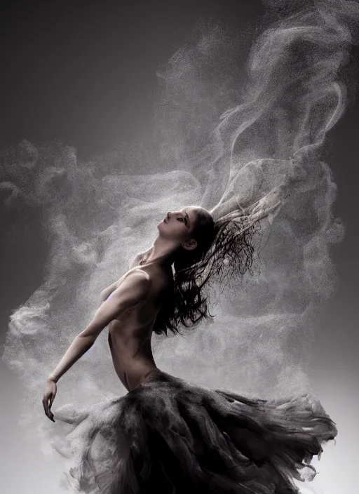 Image similar to a Photorealistic dramatic hyperrealistic render of a glamorous beautiful Female smoke dancer by Ken Brower and Deborah Ory of NYC Dance project,Lois Greenfield,Flowing cloth and smoke,Beautiful dynamic dramatic dark moody lighting,volumetric,shadows,cinematic atmosphere,Octane render,8K