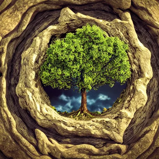 Image similar to soul tree of the earth, perfect symmetry, left side chaos, right side serenity, circular base surrounding grand tree, cinematic, ultrarealistic, intricate detail, finely detailed, small details, extra detail, high resolution, 3D, volumetric lighting, octane render, 8k, ultradetailed, photorealistic,