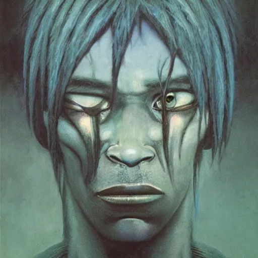 Prompt: a portrait of 2 d from the gorillaz, painted by zdzislaw beksinski