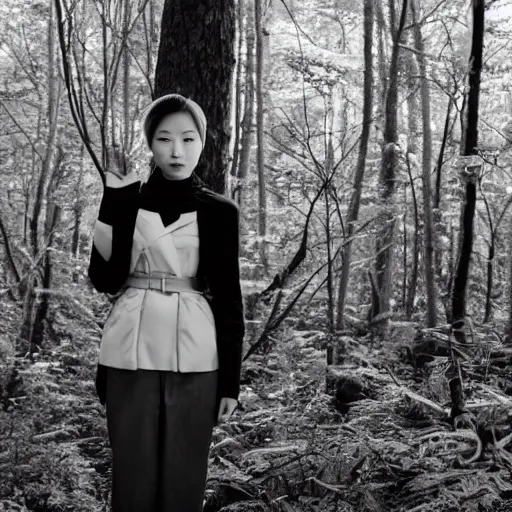 Image similar to black and white photo full shot of beautiful Japanese women with perfect eyes and simetrical face, standing in the forrest, shot by Akira Kurosawa perfect cinematic light, 8k, highl details, sharp focus