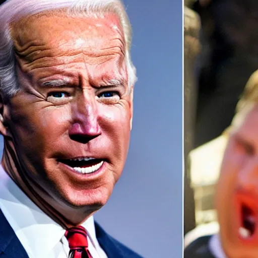 Prompt: terrified out of white chocolate made Joe Biden, melting, yelling for help