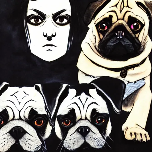 Prompt: self portrait showing family of pugs by yoji shinkawa, extra details, colored, 4 k, dynamic lighting