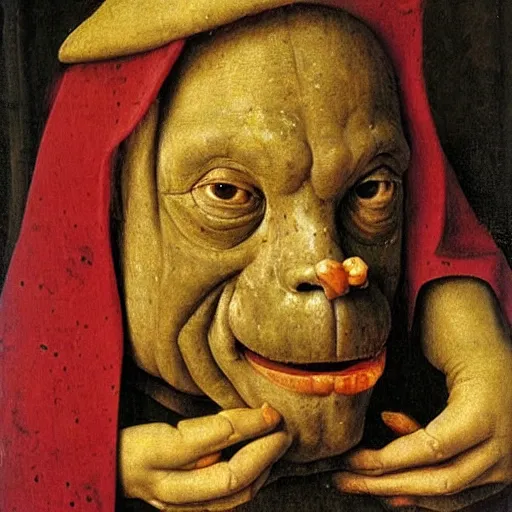 Prompt: portrait of an actor with a frog mask, oil painting by jan van eyck, northern renaissance art, oil on canvas, wet - on - wet technique, realistic, expressive emotions, intricate textures, illusionistic detail