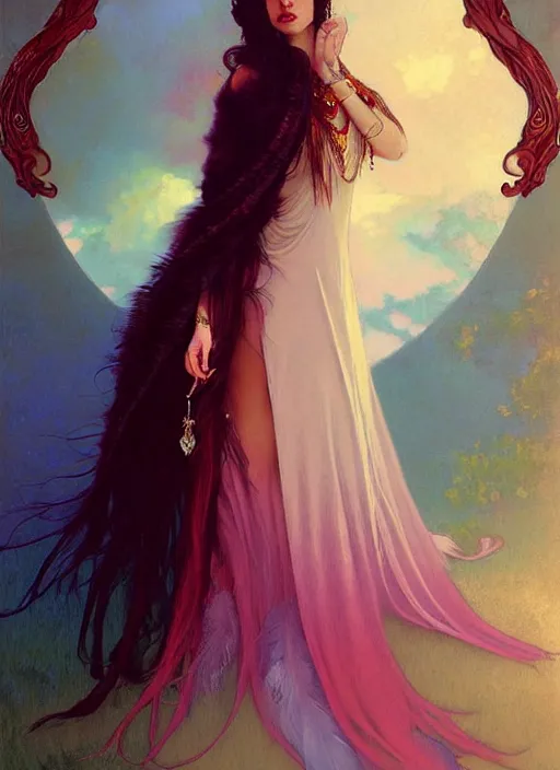 Prompt: ombre velvet gown, feathers, lovely bohemian princess, portrait, long white hair, tiara, dozens of jeweled necklaces, feral languid woman, by greg rutkowski, brom, anato finnstark, alphonse mucha