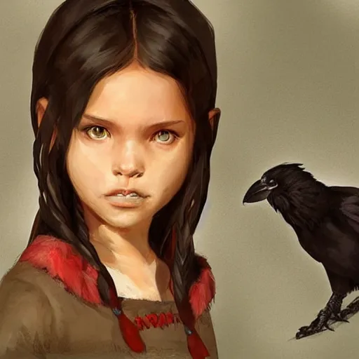 Prompt: little girl character inspired in indigenous and raven, digital art by cushart krenz