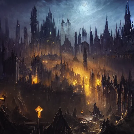 Image similar to fantasy dark medieval gothic cityscape on hill, painting, lights, darkness, lanterns, people in the streets, small buildings, city wall, dark fantasy, magic the gathering, blue tint, detailed, sharp focus, hyperrealistic, fantastic artwork, 4 k, artstation, high fantasy, ravnica, volumetric lighting, strong contrast, dark sky, far shot