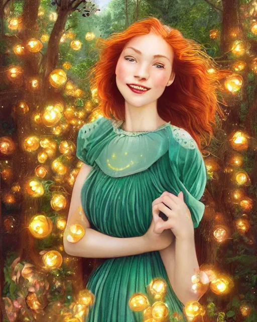 Image similar to a happy young woman looking over shoulder, intricate detailed dress, among the lights of golden fireflies, sitting in the midst of nature, long loose red hair, bright green eyes, small nose with freckles, triangle shape face, smiling, dreamy scene, golden ratio, high contrast, photo realistic digital art by caravaggio and artgerm.