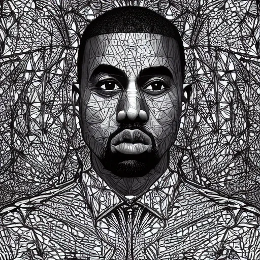 Prompt: Geometrically surreal Kanye, extremely high detail, photorealistic, intricate line drawings, dotart, album art in the style of James Jean