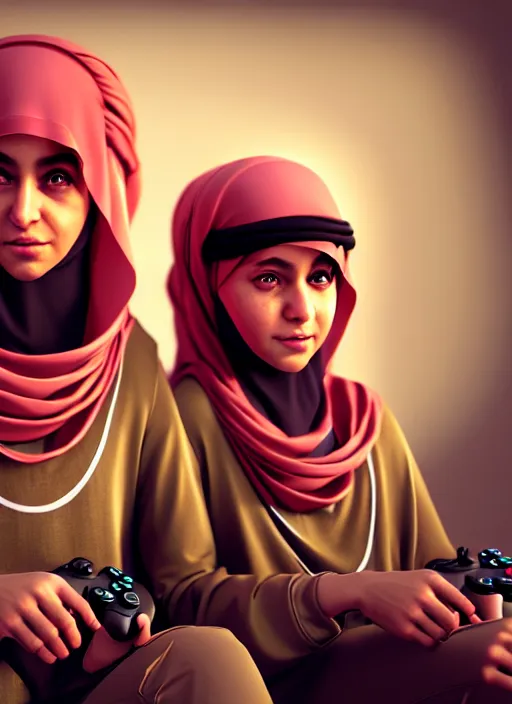 Image similar to portrait, twins playing video games, togther sheik mohammad ruler of dubai, controller, hyperdetailed illustration by irakli nadar and alexandre ferra, unreal engine 5 highly rendered, detailed and intricate environment