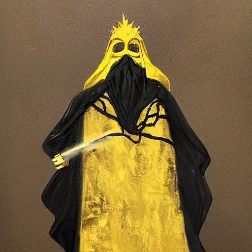 Prompt: eldritch king in mask and robes, gold yellow and black colour scheme, oil - paint style