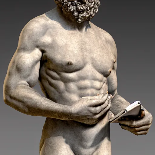 Prompt: An ancient roman sculpure of a man holding a phone, realistic, ultra high detail, 8k.