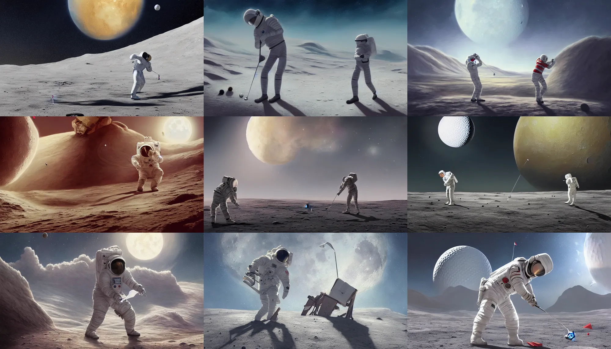 Prompt: beautiful painting of astronaut playing golf on moon, wide shot, digital painting, intricate details, trending on artstation, concept art, octane render, realistic, highly detailed, smooth, sharp focus, beautiful, 4 k, 8 k, hd, art by charlie bowater and artgerm and greg rutkowski