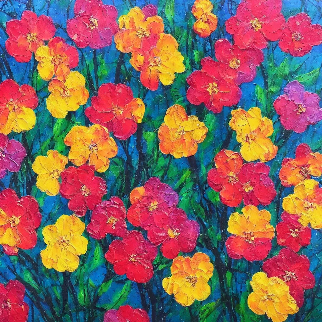 Image similar to large different coloured blossoms painted in 2 inch thick!!! impasto shiny dripping oil paint