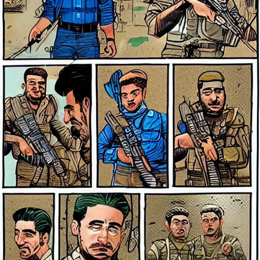 Image similar to kurdish peshmerga comic art by mike allred, highly detailed, award winning art