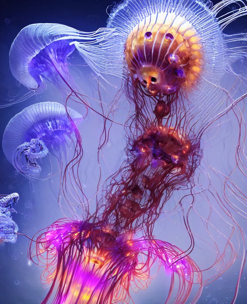 Image similar to close-up portrait of the face of a beautiful princess in a twisted flowers jellyfish mask in a spaceman suit surrounded by energy flow, epic angle and pose, symmetrical artwork, 3d with depth of field, blurred background, floating jellyfish skull phoenix bird, translucent, nautilus, energy flows of water and fire. a highly detailed epic cinematic concept art CG render. made in Maya, Blender and Photoshop, octane render, excellent composition, cinematic dystopian brutalist atmosphere, dynamic dramatic cinematic lighting, aesthetic, very inspirational, arthouse. y Greg Rutkowski, Ilya Kuvshinov, WLOP, Stanley Artgerm Lau, Ruan Jia and Fenghua Zhong