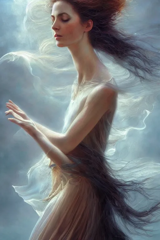 Prompt: beautiful woman dancing in the wind, beautiful face, ethereal, gorgeous, volumetric lighting, elegant, fluid, highly detailed, digital painting, concept art, highly detailed, smooth, illustration, limited color palette, atmosphere and tension, art by greg olsen and liz lemon swindle