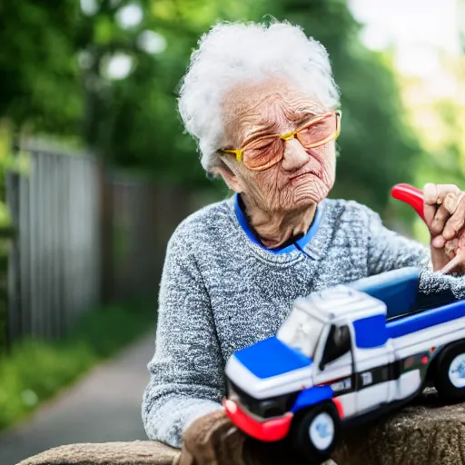 Image similar to elderly woman as a toy truck, canon eos r 3, f / 1. 4, iso 2 0 0, 1 / 1 6 0 s, 8 k, raw, unedited, symmetrical balance, wide angle