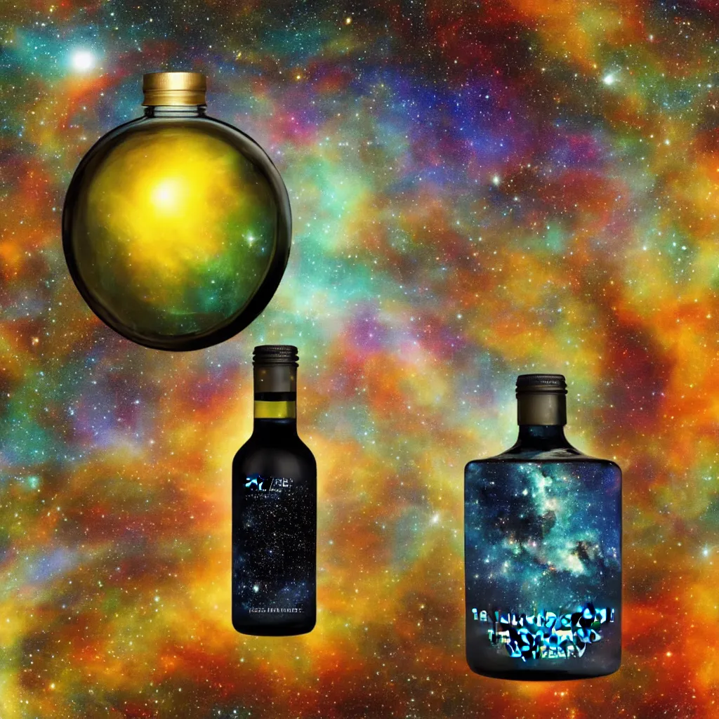 Image similar to the universe contained within a bottle, in a style of midjourney