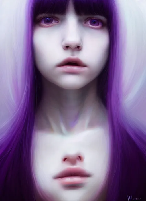 Image similar to hair whitebangs hair, black hair, whitebangs, portrait of teenage girl with white bangs, red irises, purple clothes, white bangs, bangs are different color from hair, intricate, elegant, glowing lights, highly detailed, digital painting, artstation, concept art, smooth, sharp focus, illustration, art by wlop, mars ravelo and greg rutkowski