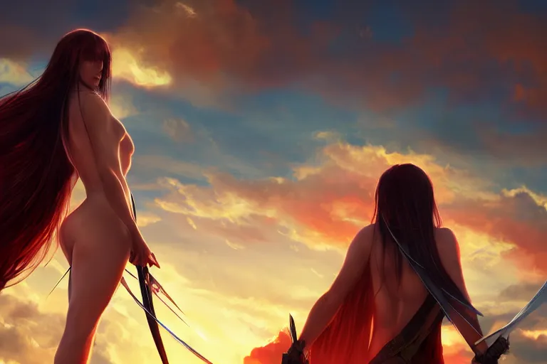 Image similar to back shot of one single beautiful girl, holding two swords, digital art by wlop. artstation contest winner, cinematic paint. lower shot. dramatic cloud in background. sunset