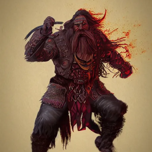 Image similar to dnd render of a man, red, a big black beard, completely golden eyes, 1 curved horn growing out of his forehead, one broken horn groing out of his forehead,