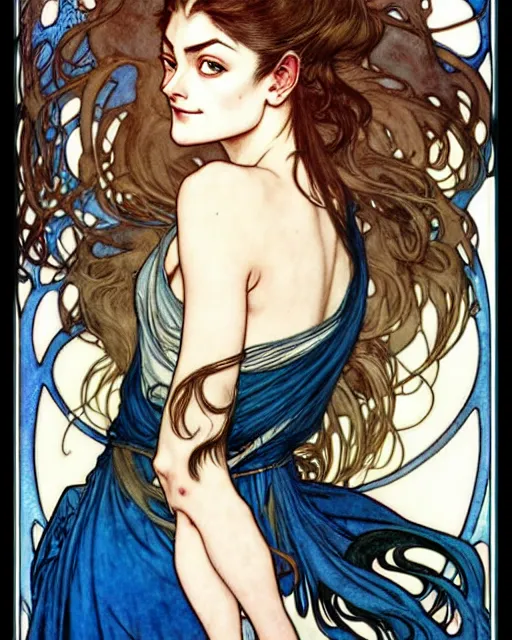 Image similar to in the style of artgerm, arthur rackham, alphonse mucha, phoebe tonkin, symmetrical eyes, symmetrical face, flowing blue skirt, full entire body, hair blowing, intricate filagree, hidden hands, warm colors, cool offset colors