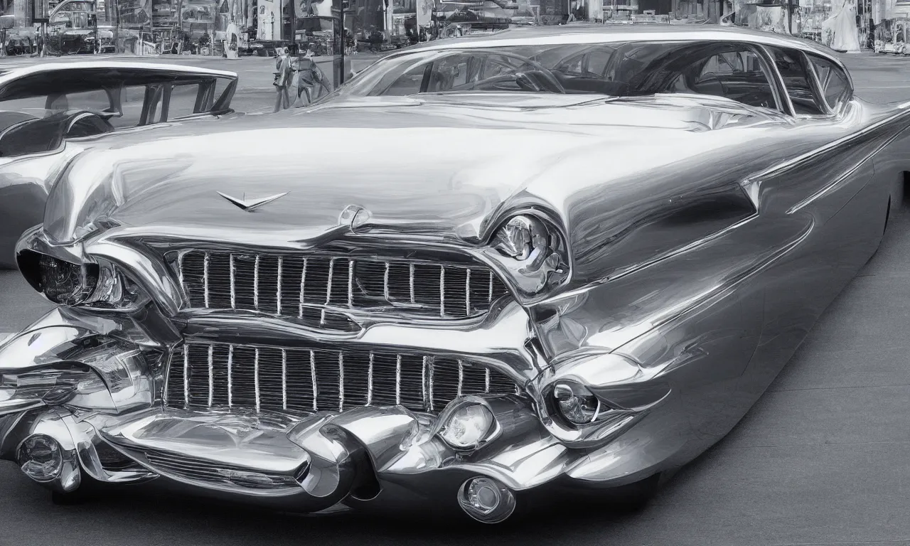 Prompt: futuristic car 1957 silver cadillac style, photograph, 16k, hyper realistic