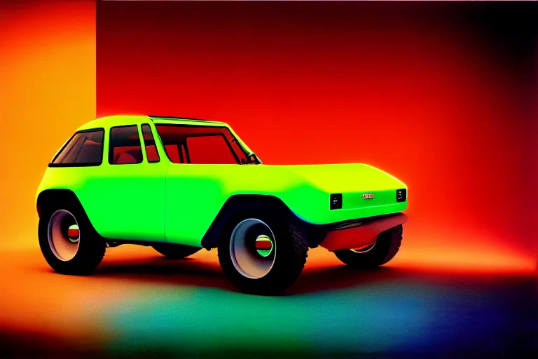 Image similar to designed by giorgetto giugiaro stylized poster of a single fj 4 0 concept, thick neon lights, ektachrome photograph, volumetric lighting, f 8 aperture, cinematic eastman 5 3 8 4 film