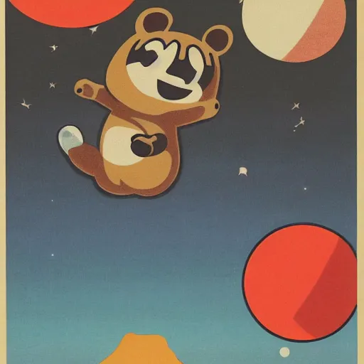 Prompt: tom nook in a japanese propaganda poster about the economic and physical state of new horizons.