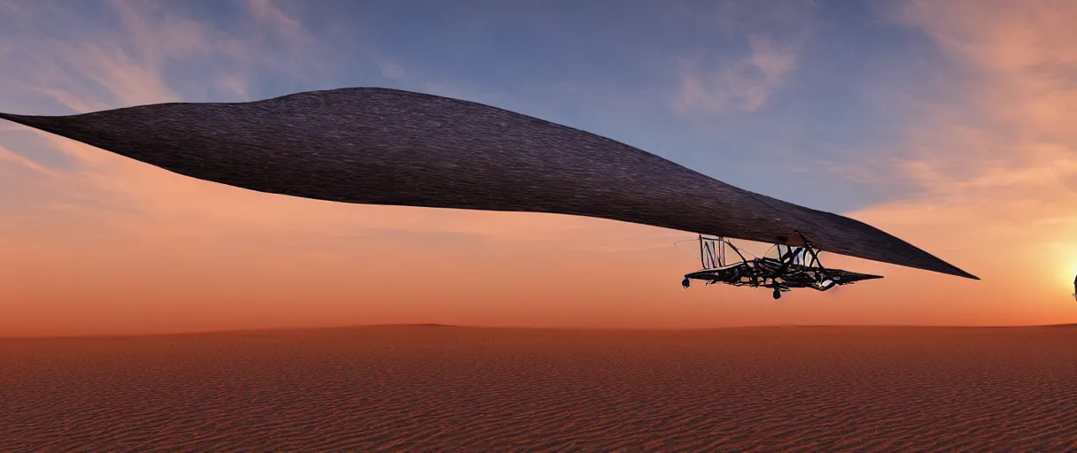 Image similar to an ornithopter on dune, sand worms in the background, light orange sunset, volumetric light, hdr, 8 k, bokeh designed by moebius kow yokoyama