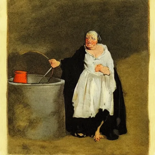 Image similar to An old witch dressed in black making potions in her cauldron. By Francisco de Goya.