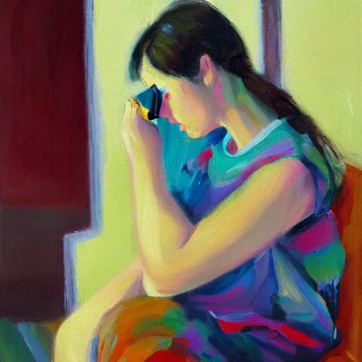 Image similar to a vivid impressionistic painting portrait of a bored woman, she is holding a smartphone, oil on canvas, trending on artstation