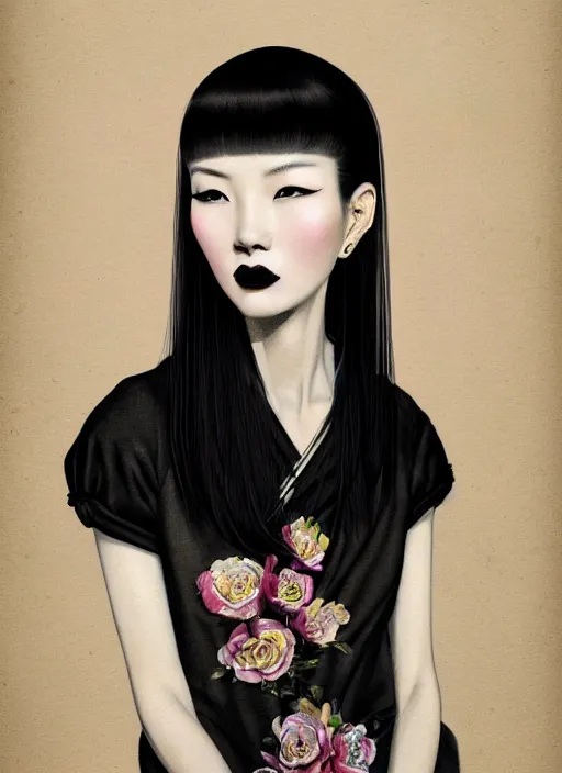 Prompt: portrait of a chinese woman with a crooked nose and a confident expression, 1 9 6 0 s, black clothes, goth, punk, brightly coloured hair, funk, intricate, elegant, highly detailed, digital painting, artstation, concept art, smooth, sharp focus, illustration, art by wlop, mars ravelo and greg rutkowski