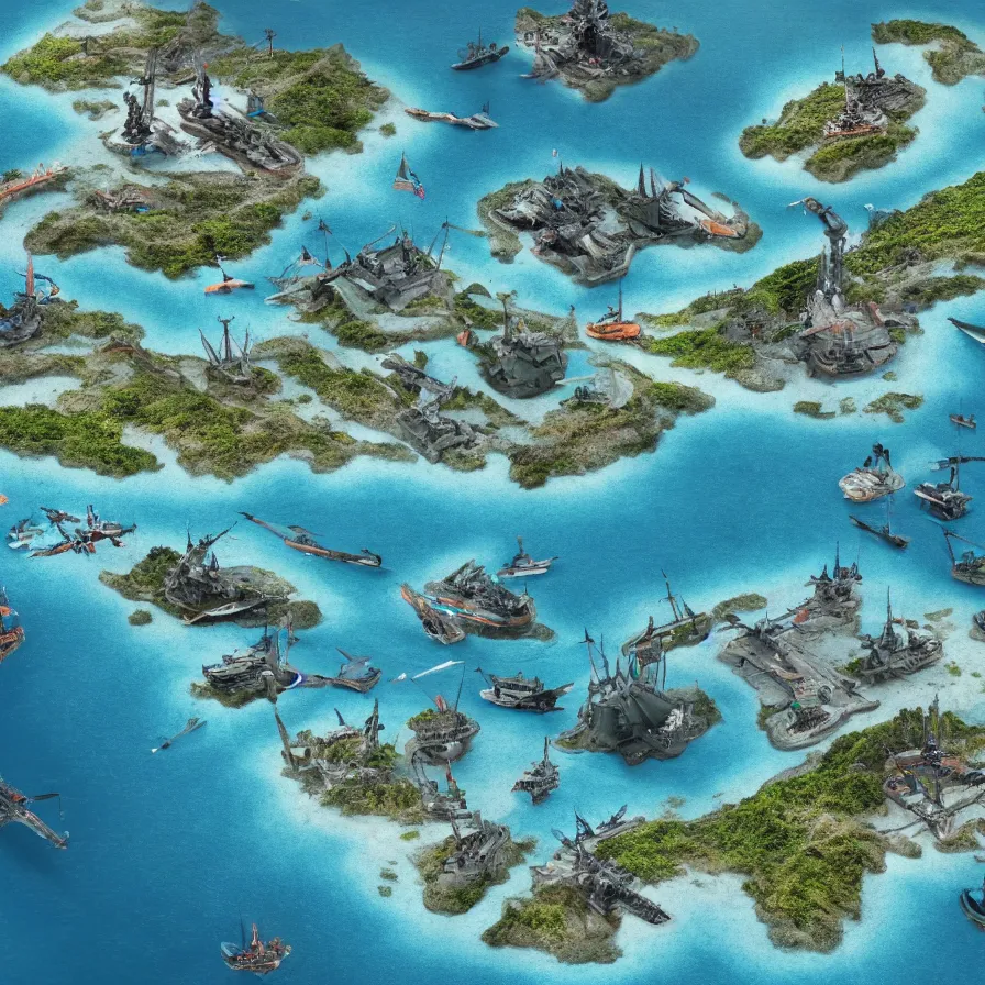 Prompt: ariel view of human constructed islands with weaponry and machines on them in the pacific coast. very detailed, 4 k, ultra widescreen.