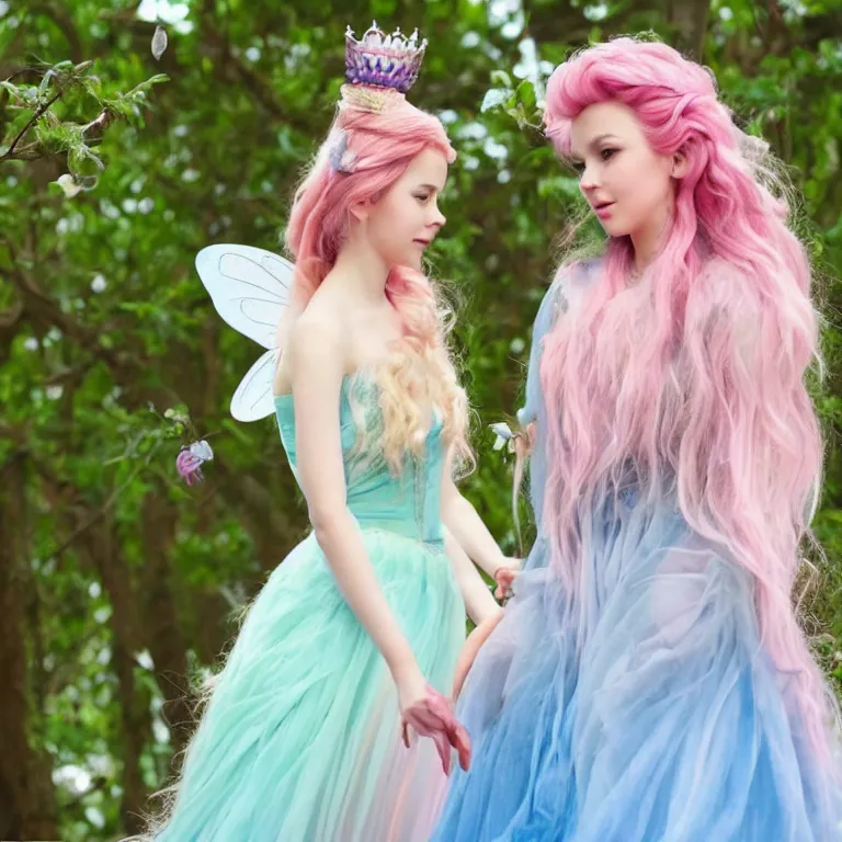 Image similar to a fairy and a disney princess having a conversation on top of a tall tree, aesthetic, pastel style, pastel coloring, beautiful angle