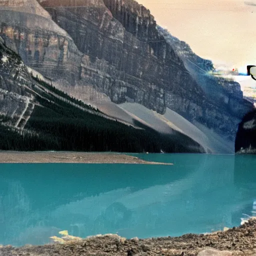 Image similar to still taken from 1945 film of Lake Louise in Banff National park, the water is orange