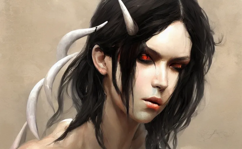 Image similar to a painting of aki trending on artstation in the style of greg rutkowski, beautiful, sensual, natural skin, horns on head, long black hair