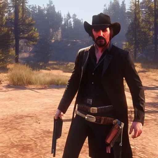 Image similar to Keanu Reeves as a Red Dead Redemption 2 character, dressed as a Western sheriff, in game screenshot