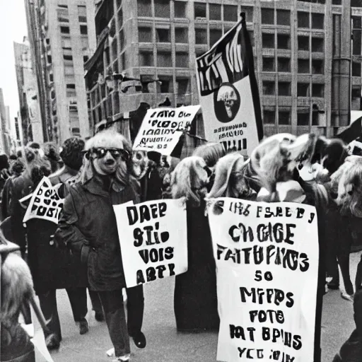 Prompt: analog dogs in a protest march 1960s 1970s holding banners flags