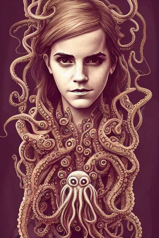 Image similar to Emma Watson evolving into lovecraftian monster, cute, fantasy, intricate, highly detailed, full-body design, tentacles, digital painting, artstation, concept art, smooth, sharp focus, illustration, art by AbyssWolf