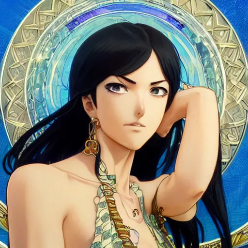 Image similar to highly detailed vfx portrait of nico robin by eiichiro oda!, makoto shinkai, alphonse mucha, sharp focus, art by artgerm and greg rutkowski!, harsh overhead sunlight, blue eyes!!, large aquiline nose!!, stanley kybric, kaoru mori, intricately detailed, best of behance,