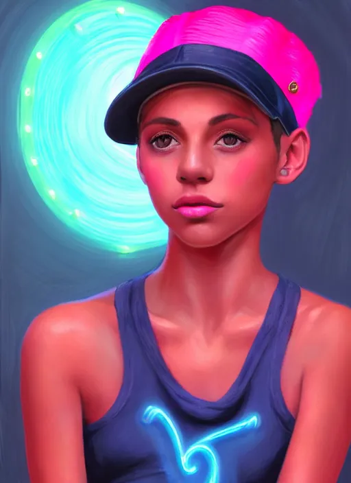 Image similar to portrait of teenage vanessa morgan with bright pink hair, black girl, curly pixie cut hair, wearing newsboy cap, pink short haircut, newsboy cap, hoop earrings, blue eyes, intricate, elegant, glowing lights, highly detailed, digital painting, artstation, concept art, smooth, sharp focus, illustration, art by wlop, mars ravelo and greg rutkowski