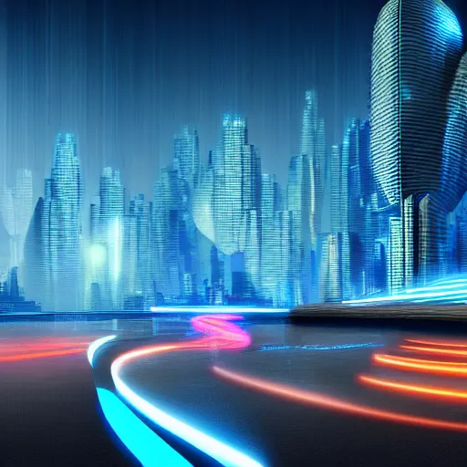 Prompt: futuristic city, blue lights, 4 k, flying cars, vibrant colors