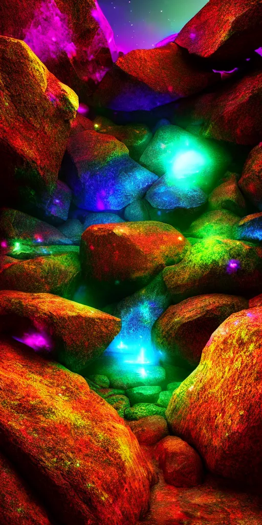 Image similar to cinematic shot rainbow crystals and rocks, hyper realistic, mood lighting, fantasy, highly detailed, super realistic, perfect lighting pixel sorting