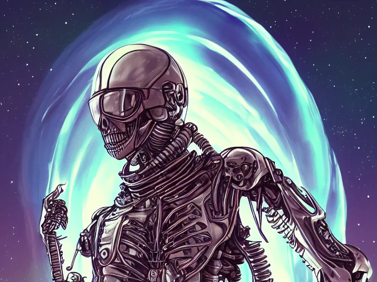 Image similar to a detailed profile illustration of a skeleton in a space armour, cinematic sci-fi poster. technology flight suit, bounty hunter portrait symmetrical and science fiction theme with lightning, aurora lighting intricate artwork by moebius. Trending on artstation. 8k