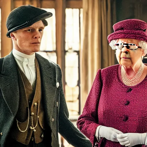 Image similar to Queen Elizabeth holds Tommy Shelby at gunpoint in an episode of Peaky Blinders