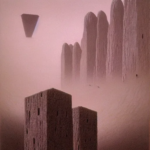 Image similar to monolithic buildings among the trees, by Zdzisław Beksiński
