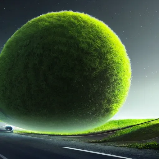 Image similar to a spherical car driving down the road with t - rex dancing behind it, smoky, green hills, many interstellar plants, futuristic concept design, atmospheric landscape, digital art, unreal engine, 8 k, cinematic level.